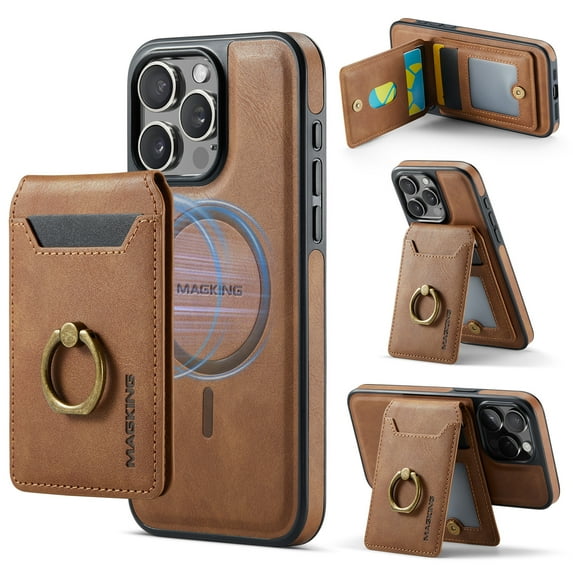 Allytechgroup iPhone 13 Pro Max Wallet Case Cover, Detachable Cards Holder, Wallet Case with Ring Holder Stand - Magnetic PU Leather Back Cover for Apple iPhone 13 Pro Max, Brown