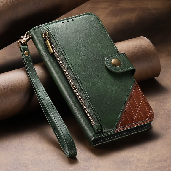 Allytechgroup iPhone 13 Pro Wallet Case, Flip Cover Premium PU Leather Stand Cards Slots Zipper Pocket Hand Strap Phone Case with Magnetic Closure for Apple iPhone 13 Pro, Green