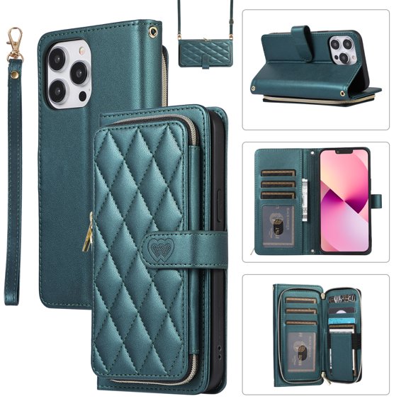 Allytechgroup for iPhone 13 Pro Wallet Case, Premium PU Leather Magnetic Buckle Zipper Pocket Card Slots Flip Stand Protective Cover with Hand Strap & Shoulder Strap - Darkgreen