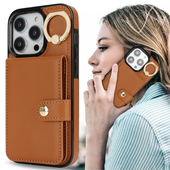 Allytechgroup iPhone 13 Pro Wallet Case, Ring Holder Stand Cards Slots Shockproof Retro Flip Back Cover Phone Case for Apple iPhone 13 Pro, Brown