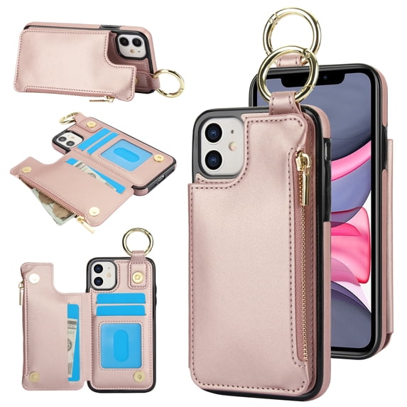 Allytechgroup iPhone 13 Wallet Case, RFID Blocking Zipper Pocket Ring Holder Kickstand Bumper Shockproof Portable Durable Phone Case for Apple iPhone 13, Rosegold