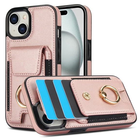 Allytechgroup iPhone 13 mini Case with Wallet, Ring Holder Stand Cards Slots Cash Pocket Drop Protection Retro Leather Case for Men Women for Apple iPhone 13 mini, Rosegold