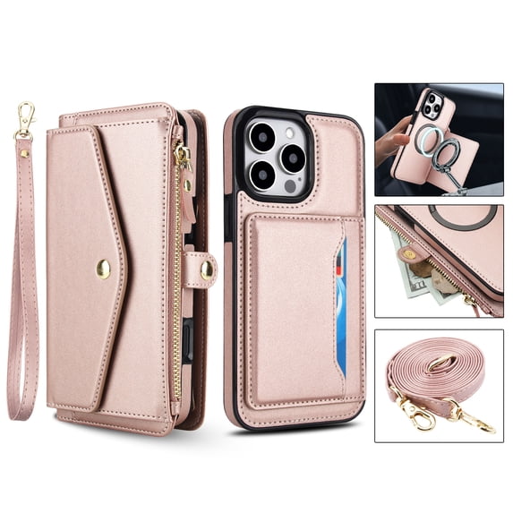 Allytechgroup for iPhone 14 Case with Detachable Cards Holder, Built-in Shoulder Strap Wrist Strap Compatible with MagSafe Shockproof Magnetic Full Body Cover for iPhone 14, Rosegold
