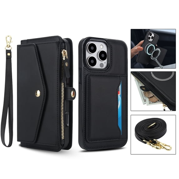 Allytechgroup for iPhone 14 Case with Detachable Cards Holder, Built-in Shoulder Strap Wrist Strap Compatible with MagSafe Shockproof Magnetic Full Body Cover for iPhone 14, Black