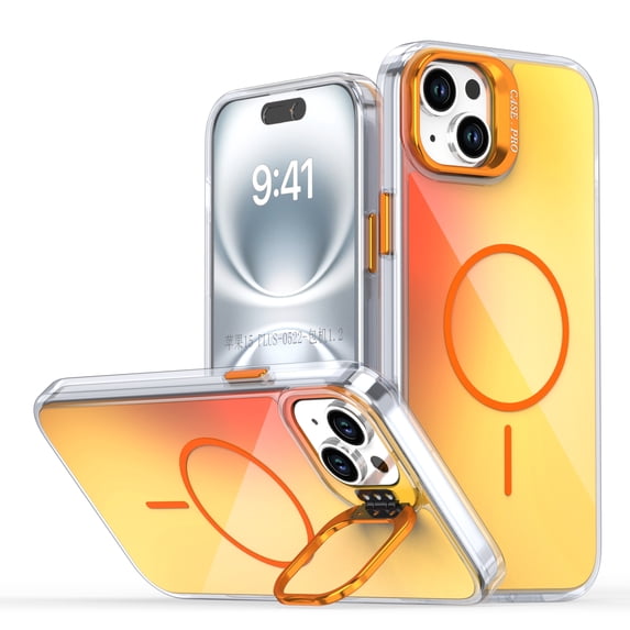 Allytechgroup iPhone 14 Case with Kickstand,Compatible with MagSafe Wireless Charging Military-Grade Drop Protection, Aluminum Buttons, Anti-Yellowing Shockproof Cover, Orange