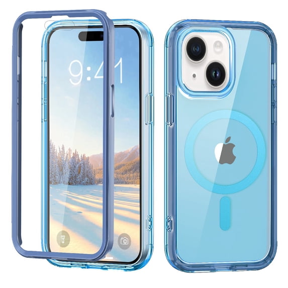 Allytechgroup iPhone 14 Case with Screen Protector, Magnetic Back Cover Compatible with Magsafe Transparent Shockproof Drop Proof Phone Case for Apple iPhone 14, Blue