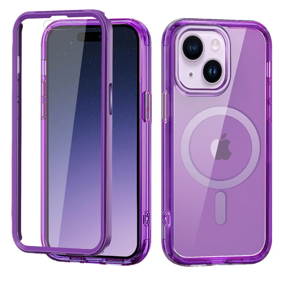 Allytechgroup iPhone 14 Case with Screen Protector, Magnetic Back Cover Compatible with Magsafe Transparent Shockproof Drop Proof Phone Case for Apple iPhone 14, Darkpurple