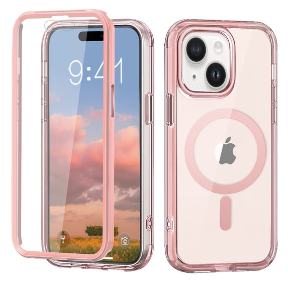 Allytechgroup iPhone 14 Case with Screen Protector, Magnetic Back Cover Compatible with Magsafe Transparent Shockproof Drop Proof Phone Case for Apple iPhone 14, Pink