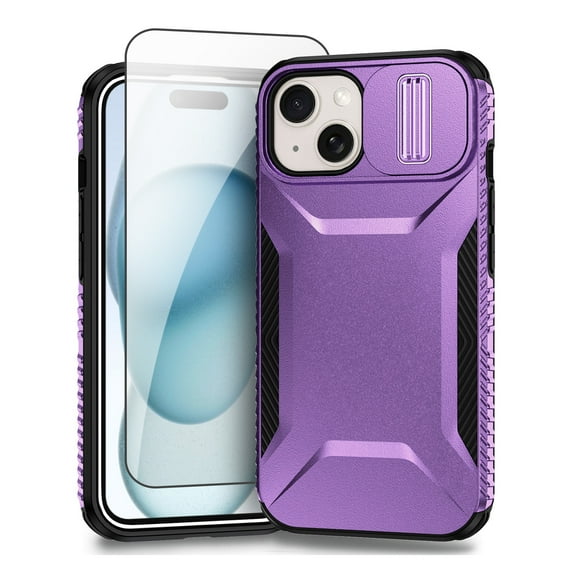 Allytechgroup iPhone 14 Case with Screen Protector, Rugged Hybrid TPU PC Back Hard Shell Cover Anti-Scratch Sliding Camera Lens Protector Phone Case for Apple iPhone 14, Purple