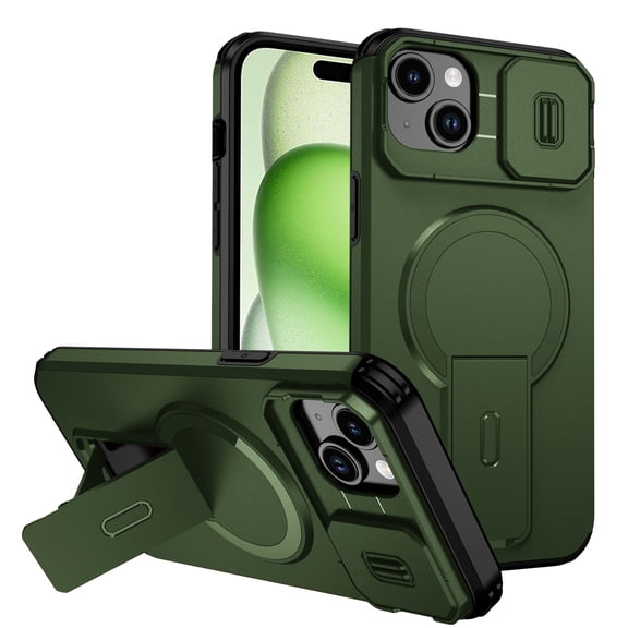 Allytechgroup for iPhone 14 Case with Sliding Camera Protector, Compatible with Magsafe Rugged Hybrid TPU PC Kickstand Protective Shockproof Magnetic Case Cover for iPhone 14, Green