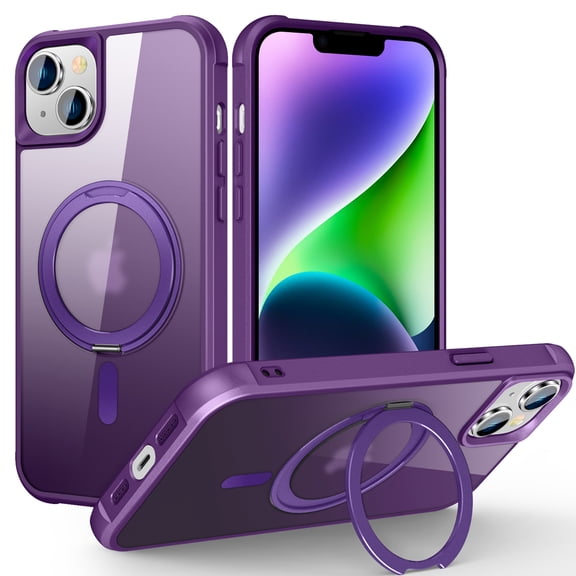 Allytechgroup iPhone 14 Magnetic Case with Rotating Stand, Multi Angle Viewing Stand Anti-Scratch Compatible with Magsafe & Car Mount Phone Case for Apple iPhone 14, Purple