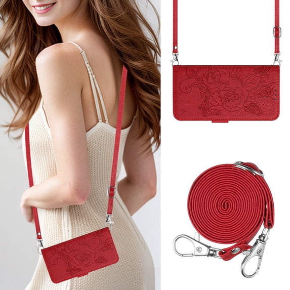 Allytechgroup for iPhone 14 Plus Case with Credit Card Slot, Built-in Shoulder Strap RFID Blocking PU Leather Flip Wallet Case Shockproof Back Cover for iPhone 14 Plus, Red