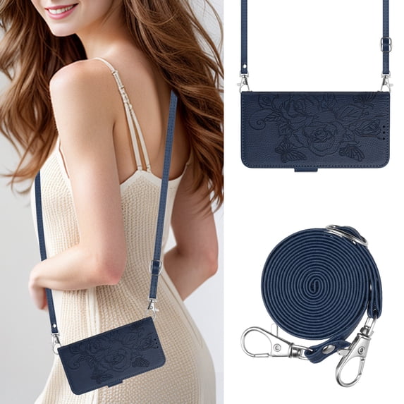 Allytechgroup for iPhone 14 Plus Case with Credit Card Slot, Built-in Shoulder Strap RFID Blocking PU Leather Flip Wallet Case Shockproof Back Cover for iPhone 14 Plus, Darkblue