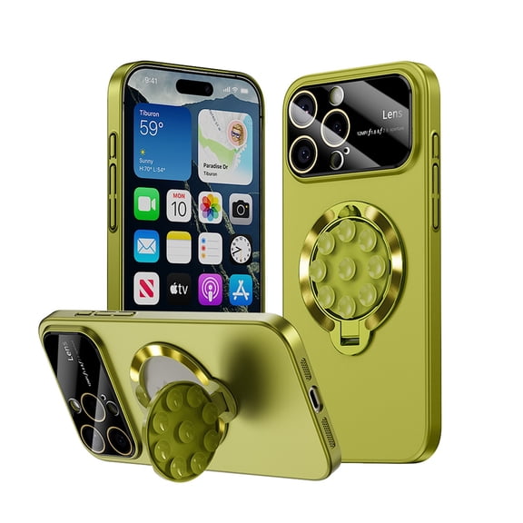 Allytechgroup for iPhone 14 Plus Case [Support Magnetic Car Mount] Silicone Suction Cup Phone Ring Grip Holder [Sticks to Walls] with Kickstand Gold Plating Stand Hard Shockproof Cover, Green