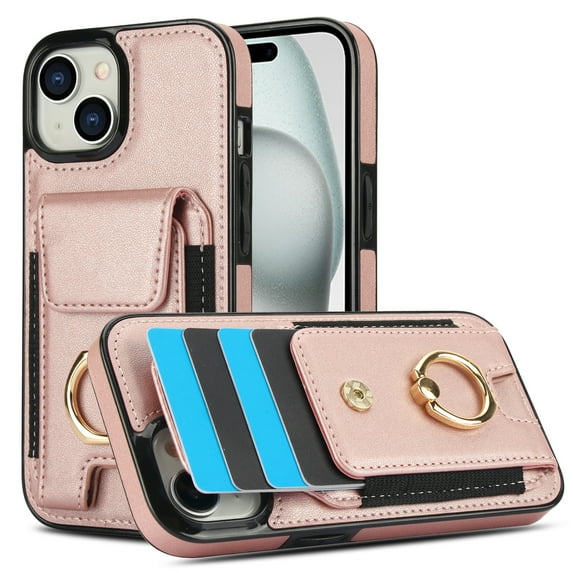 Allytechgroup iPhone 14 Plus Case with Wallet, Ring Holder Stand Cards Slots Cash Pocket Drop Protection Retro Leather Case for Men Women for Apple iPhone 14 Plus, Rosegold