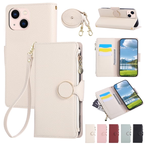 Allytechgroup iPhone 14 Plus Case Wallet with Strap & Zipper Pocket, Crossbody Phone Case for Apple iPhone 14 Plus Cover with Card Slots, Stand Function, Magnetic Closure PU Leather Folio Case,Beige