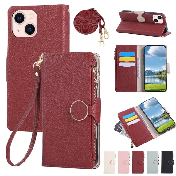 Allytechgroup iPhone 14 Plus Case Wallet with Strap & Zipper Pocket, Crossbody Phone Case for Apple iPhone 14 Plus Cover with Card Slots, Stand Function, Magnetic Closure PU Leather Folio Case,Red