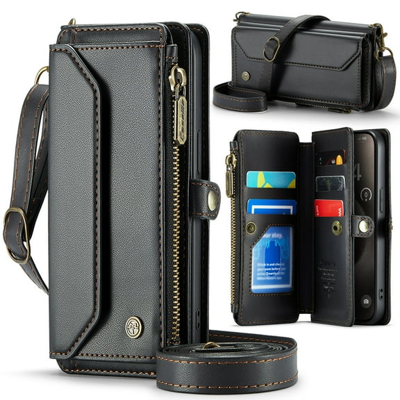 Allytechgroup iPhone 14 Plus Wallet Case with Shoulder Strap, Strap Wrist, Zipper Pocket, Cards Slots, RFID Blocking Shockproof Bumper Mini Carring Bag Phone Case for Apple iPhone 14 Plus,Black