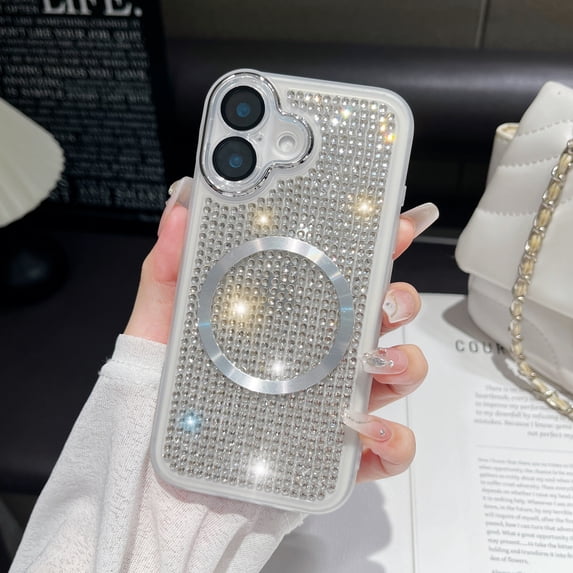 Allytechgroup For iPhone 14 Pro Case with Magnetic, Luxury Sparkly Diamond Rhinestones with Wrist Strap Chain Women Girls Shockproof Bumper Protective Cover For iPhone 14 Pro, Silver