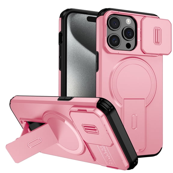 Allytechgroup for iPhone 14 Pro Case with Sliding Camera Protector, Compatible with Magsafe Rugged Hybrid TPU PC Kickstand Protective Shockproof Magnetic Case Cover for iPhone 14 Pro, Pink