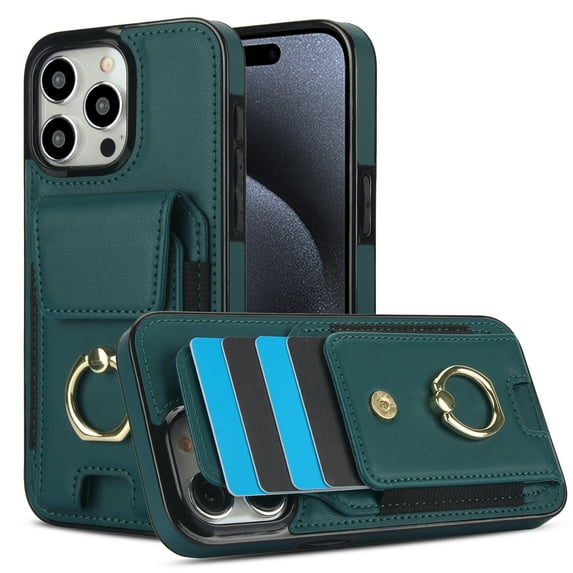 Allytechgroup iPhone 14 Pro Case with Wallet, Ring Holder Stand Cards Slots Cash Pocket Drop Protection Retro Leather Case for Men Women for Apple iPhone 14 Pro, Green