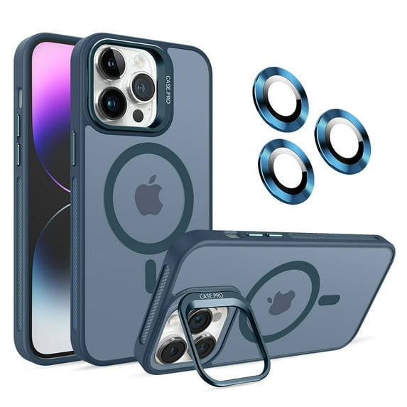 Allytechgroup iPhone 14 Pro Magnetic Case with Lens Protector, Lens Kickstand Matte Translucent Wireless Charging Shockproof Anti-Scratch Hard Cover Shell for Apple iPhone 14 Pro, Darkblue