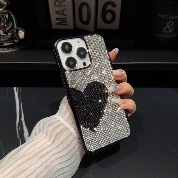 Allytechgroup iPhone 14 Pro Max Case Glitter Bling, Luxury Slim Case with Stylish Heart Design Shockproof Anti-Scratch Phone Case for Apple iPhone 14 Pro Max, Black+Black