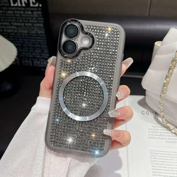 Allytechgroup For iPhone 14 Pro Max Case with Magnetic, Luxury Sparkly Diamond Rhinestones with Wrist Strap Chain Women Girls Shockproof Bumper Protective Cover For iPhone 14 Pro Max, Gray