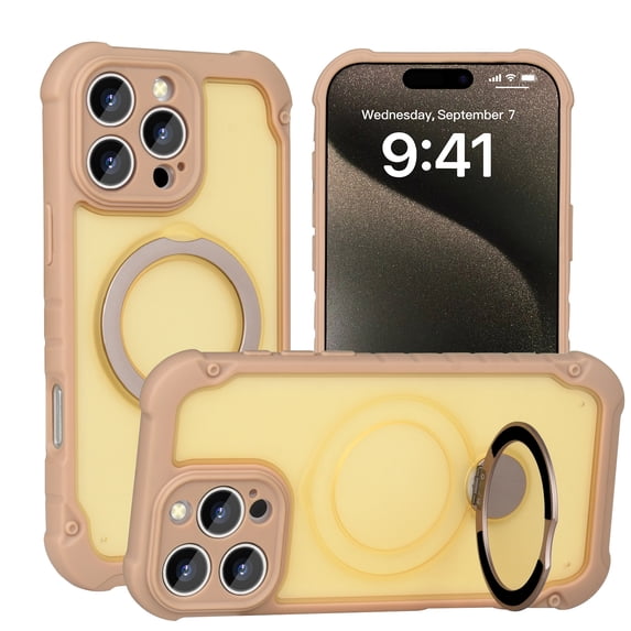 Allytechgroup iPhone 14 Pro Max Case with Magnetic Ring Kickstand, Compatible with MagSafe Military-Grade Shockproof Cover with Built-in Metal Stand, Slim Anti-Slip Matte TPU+PC Back Cover,Gold