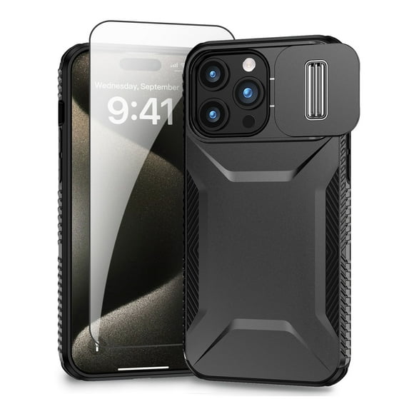 Allytechgroup iPhone 14 Pro Max Case with Screen Protector, Rugged Hybrid TPU PC Back Hard Shell Cover Anti-Scratch Sliding Camera Lens Protector Phone Case for Apple iPhone 14 Pro Max, Black