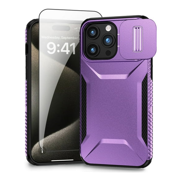 Allytechgroup iPhone 14 Pro Max Case with Screen Protector, Rugged Hybrid TPU PC Back Hard Shell Cover Anti-Scratch Sliding Camera Lens Protector Phone Case for Apple iPhone 14 Pro Max, Purple