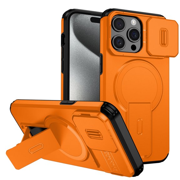 Allytechgroup for iPhone 14 Pro Max Case with Sliding Camera Protector, Compatible with Magsafe Rugged Hybrid TPU PC Kickstand Protective Shockproof Magnetic Case Cover for iPhone 14 Pro Max, Orange