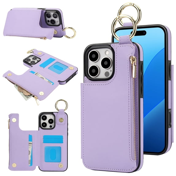 Allytechgroup iPhone 14 Pro Max Wallet Case, RFID Blocking Zipper Pocket Ring Holder Kickstand Bumper Shockproof Portable Durable Phone Case for Apple iPhone 14 Pro Max, Violet