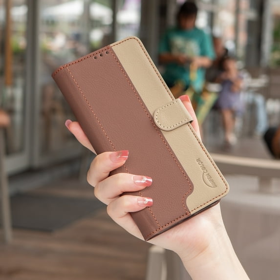 Allytechgroup iPhone 14 Pro Max Wallet Case, Stiching Color Stylish PU Leather Flip Cover RFID Blocking Cards Slots Stand Magnetic Closure Phone Case for Apple iPhone 14 Pro Max, Brown