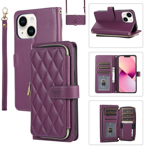 Allytechgroup for iPhone 14 Wallet Case, Premium PU Leather Magnetic Buckle Zipper Pocket Card Slots Flip Stand Protective Cover with Hand Strap & Shoulder Strap - Darkpurple