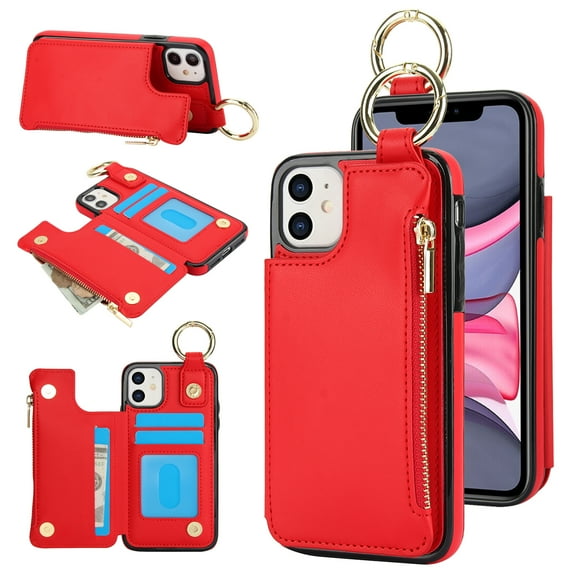 Allytechgroup iPhone 14 Wallet Case, RFID Blocking Zipper Pocket Ring Holder Kickstand Bumper Shockproof Portable Durable Phone Case for Apple iPhone 14, Red