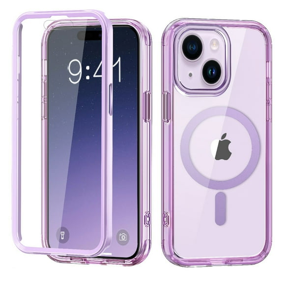 Allytechgroup iPhone 15 Case with Screen Protector, Magnetic Back Cover Compatible with Magsafe Transparent Shockproof Drop Proof Phone Case for Apple iPhone 15, Lightpurple