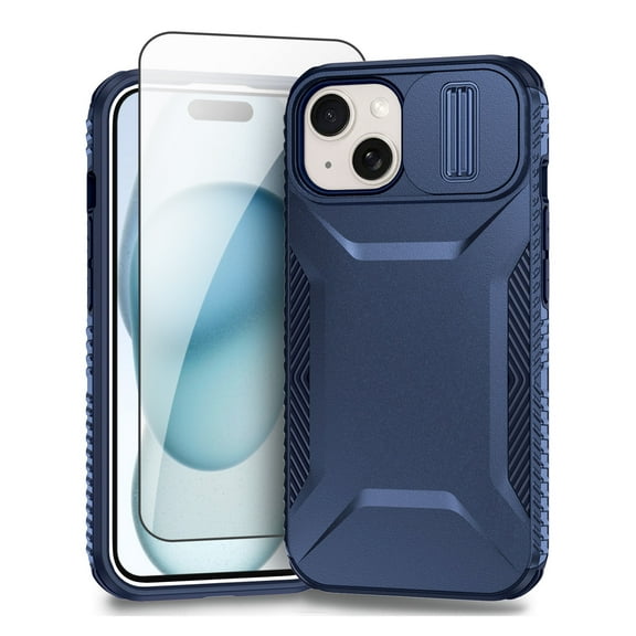Allytechgroup iPhone 15 Case with Screen Protector, Rugged Hybrid TPU PC Back Hard Shell Cover Anti-Scratch Sliding Camera Lens Protector Phone Case for Apple iPhone 15, Blue