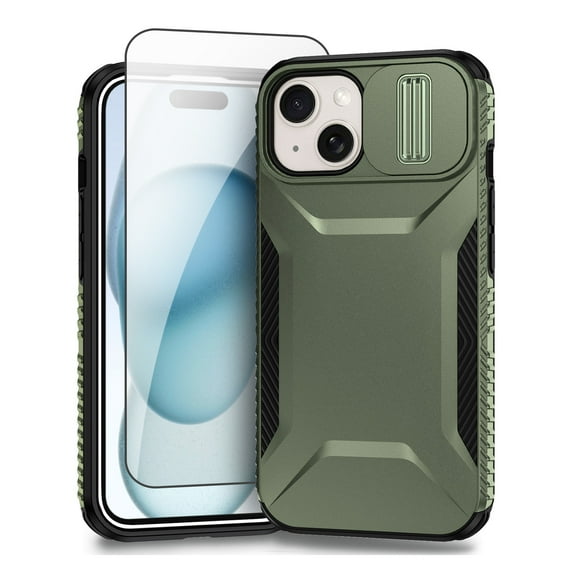 Allytechgroup iPhone 15 Case with Screen Protector, Rugged Hybrid TPU PC Back Hard Shell Cover Anti-Scratch Sliding Camera Lens Protector Phone Case for Apple iPhone 15, Darkgreen