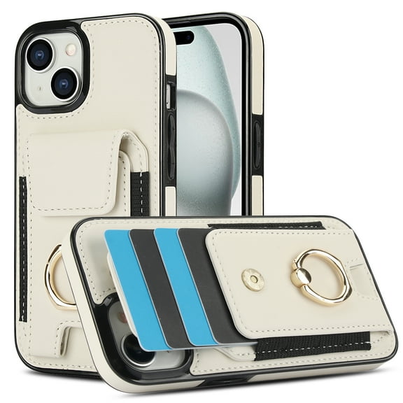 Allytechgroup iPhone 15 Case with Wallet, Ring Holder Stand Cards Slots Cash Pocket Drop Protection Retro Leather Case for Men Women for Apple iPhone 15, Apricot