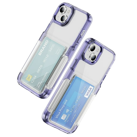 Allytechgroup iPhone 15 Clear Case with Cards Holder, Soft TPU Back Shell Bumper Anti-Scratch Shockproof Bumper Not Yellowing Slim Phone Case for Apple iPhone 15, Purple
