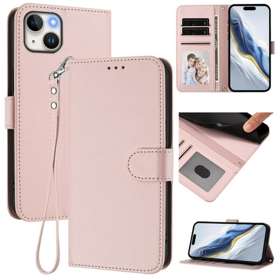 Allytechgroup for iPhone 15 Flip Case, Slim Fit Shockproof Cover with Credit Card Slot, RFID Blocking Card Pocket Lanyard Shock-Absorbent Protective Bumper for Women Girls, Pink
