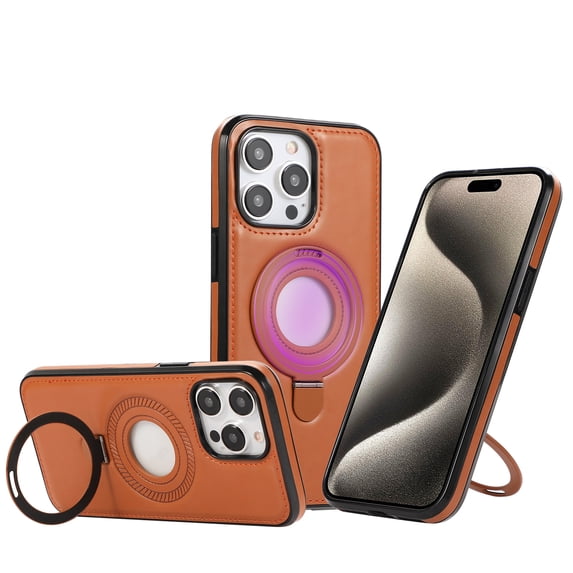 Allytechgroup iPhone 15 Magnetic Case, Retro PU Leather TPU Back Cover Compatible with Magsafe Shockproof Ring Holder Kickstand Phone Case for Apple iPhone 15, Brown