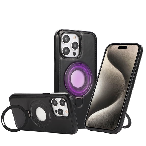 Allytechgroup iPhone 15 Magnetic Case, Retro PU Leather TPU Back Cover Compatible with Magsafe Shockproof Ring Holder Kickstand Phone Case for Apple iPhone 15, Black