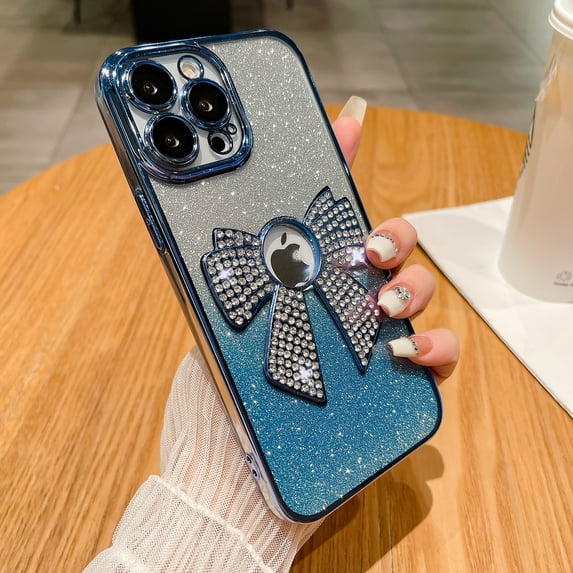Allytechgroup iPhone 15 Plus Case Bling, Luxury Bling Butterfly Design Slim Clear Back Cover Logo Visible Anti-Yellow Shockproof Fashion Phone Case for Apple iPhone 15 Plus, Blue