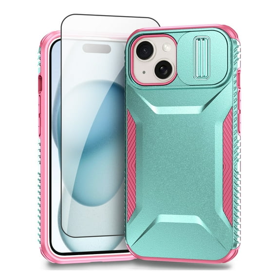 Allytechgroup iPhone 15 Plus Case with Screen Protector, Rugged Hybrid TPU PC Back Hard Shell Cover Anti-Scratch Sliding Camera Lens Protector Phone Case for Apple iPhone 15 Plus, Green