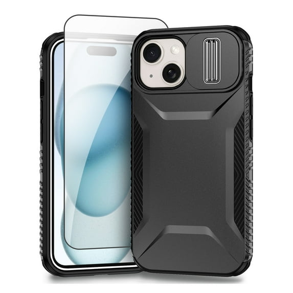 Allytechgroup iPhone 15 Plus Case with Screen Protector, Rugged Hybrid TPU PC Back Hard Shell Cover Anti-Scratch Sliding Camera Lens Protector Phone Case for Apple iPhone 15 Plus, Black