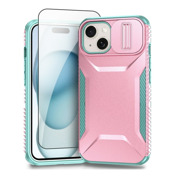 Allytechgroup iPhone 15 Plus Case with Screen Protector, Rugged Hybrid TPU PC Back Hard Shell Cover Anti-Scratch Sliding Camera Lens Protector Phone Case for Apple iPhone 15 Plus, Rosegold