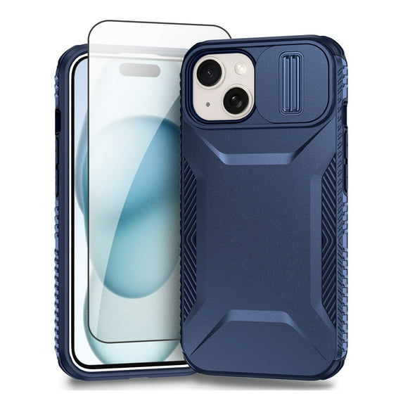 Allytechgroup iPhone 15 Plus Case with Screen Protector, Rugged Hybrid TPU PC Back Hard Shell Cover Anti-Scratch Sliding Camera Lens Protector Phone Case for Apple iPhone 15 Plus, Blue