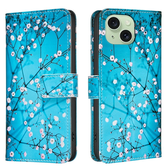 Allytechgroup iPhone 15 Plus Case Wallet Cover with Card Holder, Flip Folio Phone Case for Apple iPhone 15 Plus with Magnetic Closure, Kickstand & RFID Blocking Case for Women Men, Blossom